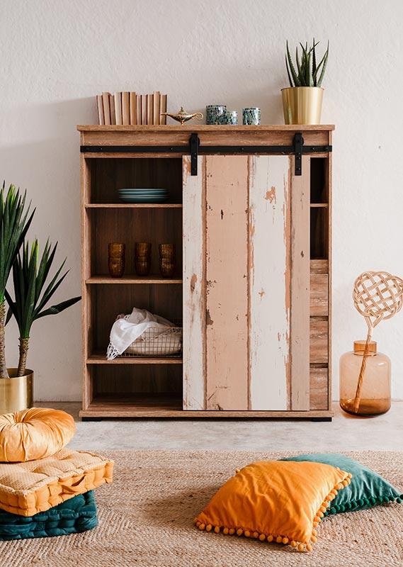 Madia alta Tromso con 2 ante e 3 cassetti in finitura Bianco anticato e Rovere anticato