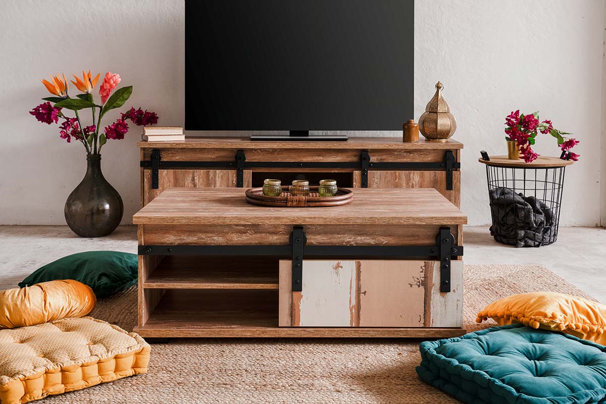 Tavolino Tromso con un'anta in finitura Bianco anticato e  Rovere anticato