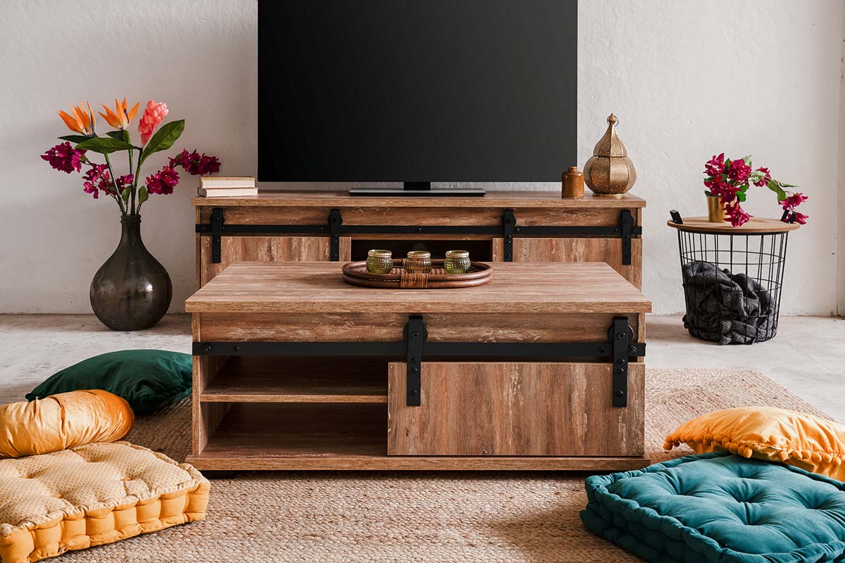 Tavolino Tromso con un'anta in finitura Rovere anticato