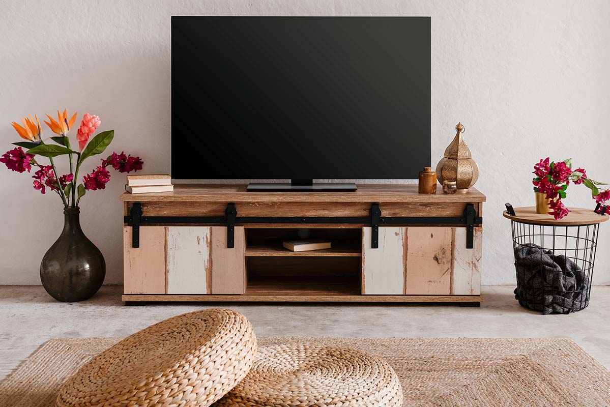 Porta Tv Tromso con 2 ante e un vano  in finitura Bianco anticato e Rovere anticato