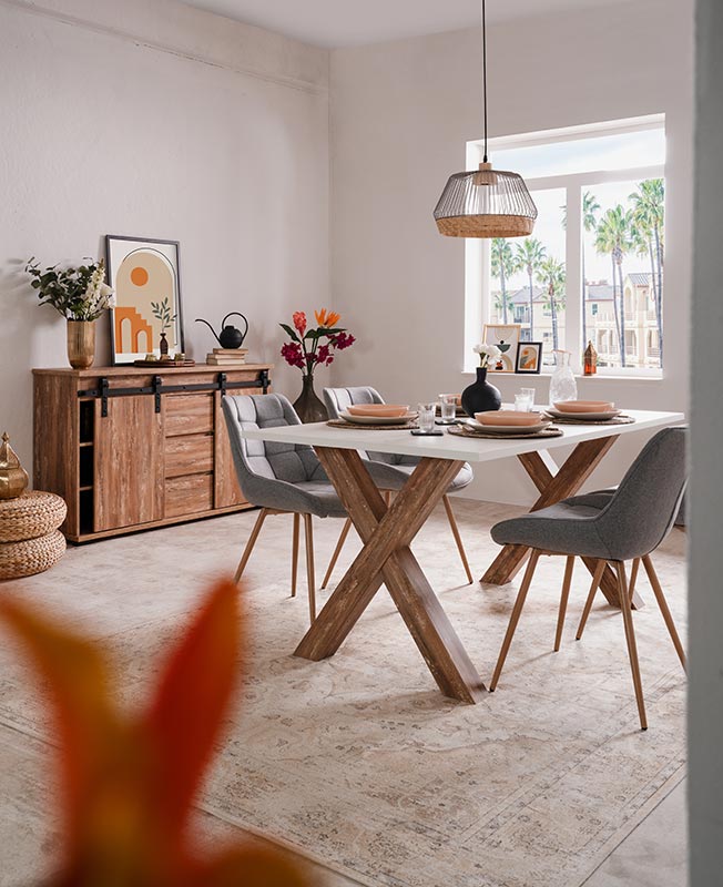 Tavolo moderno Tromso con gambe ad x  in finitura Rovere anticato e bianco 