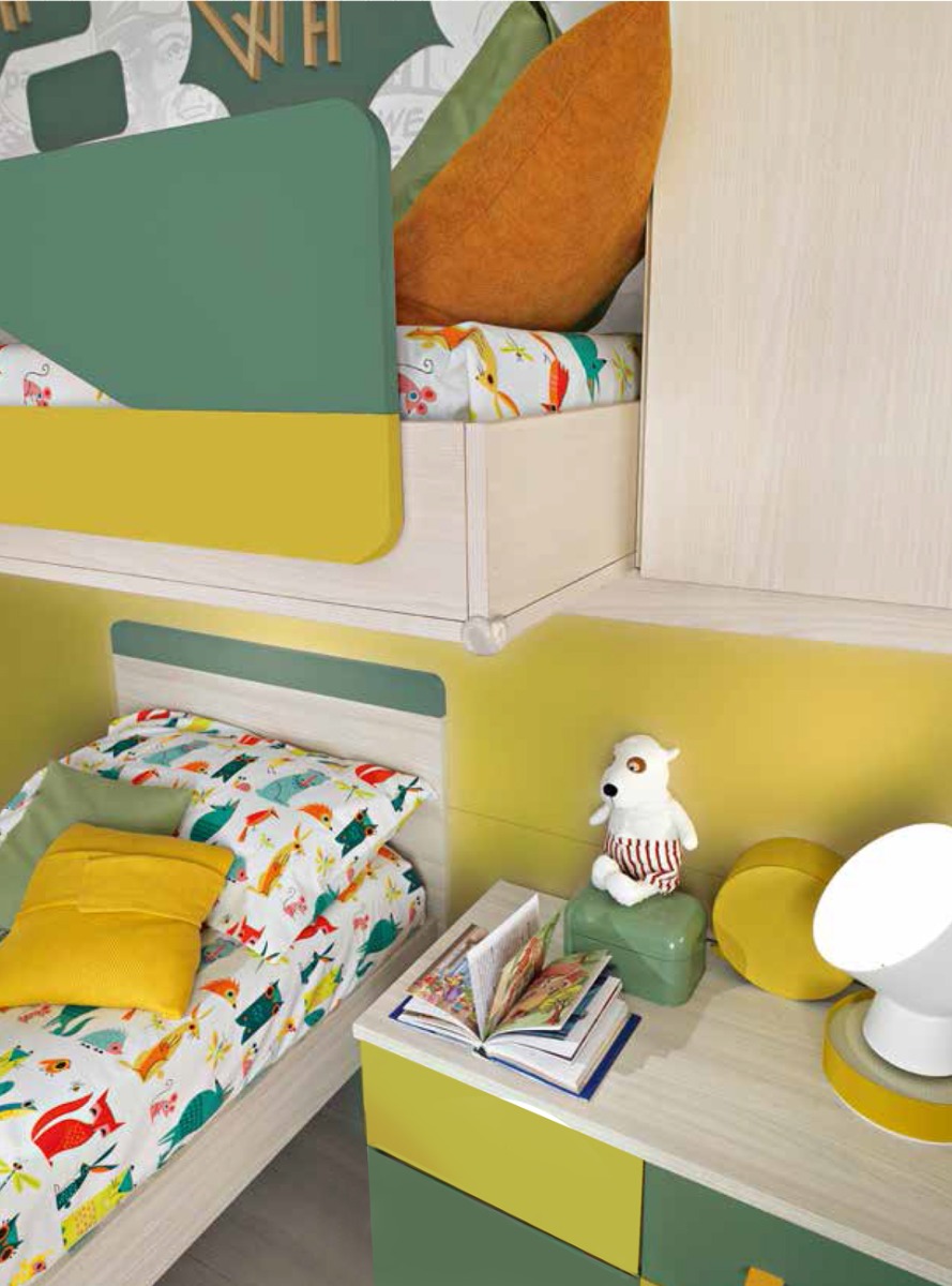 Letto singolo Simone per camerette per ragazzi, finitura Betulla e Petrolio