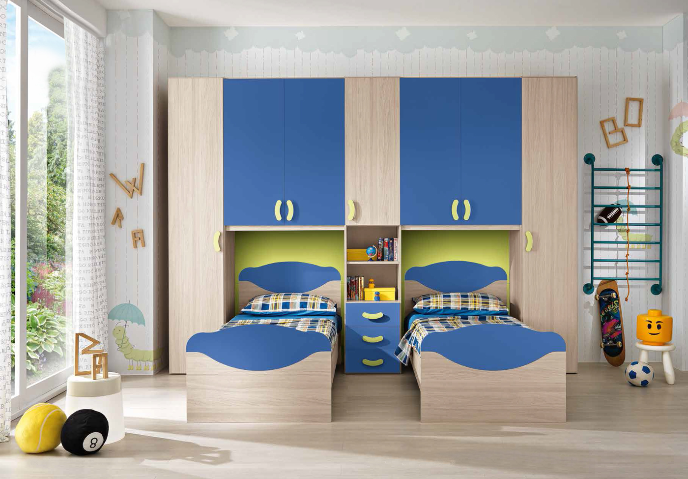Cameretta doppio ponte Enrico, finitura Olmo, Blu e Verde Mela