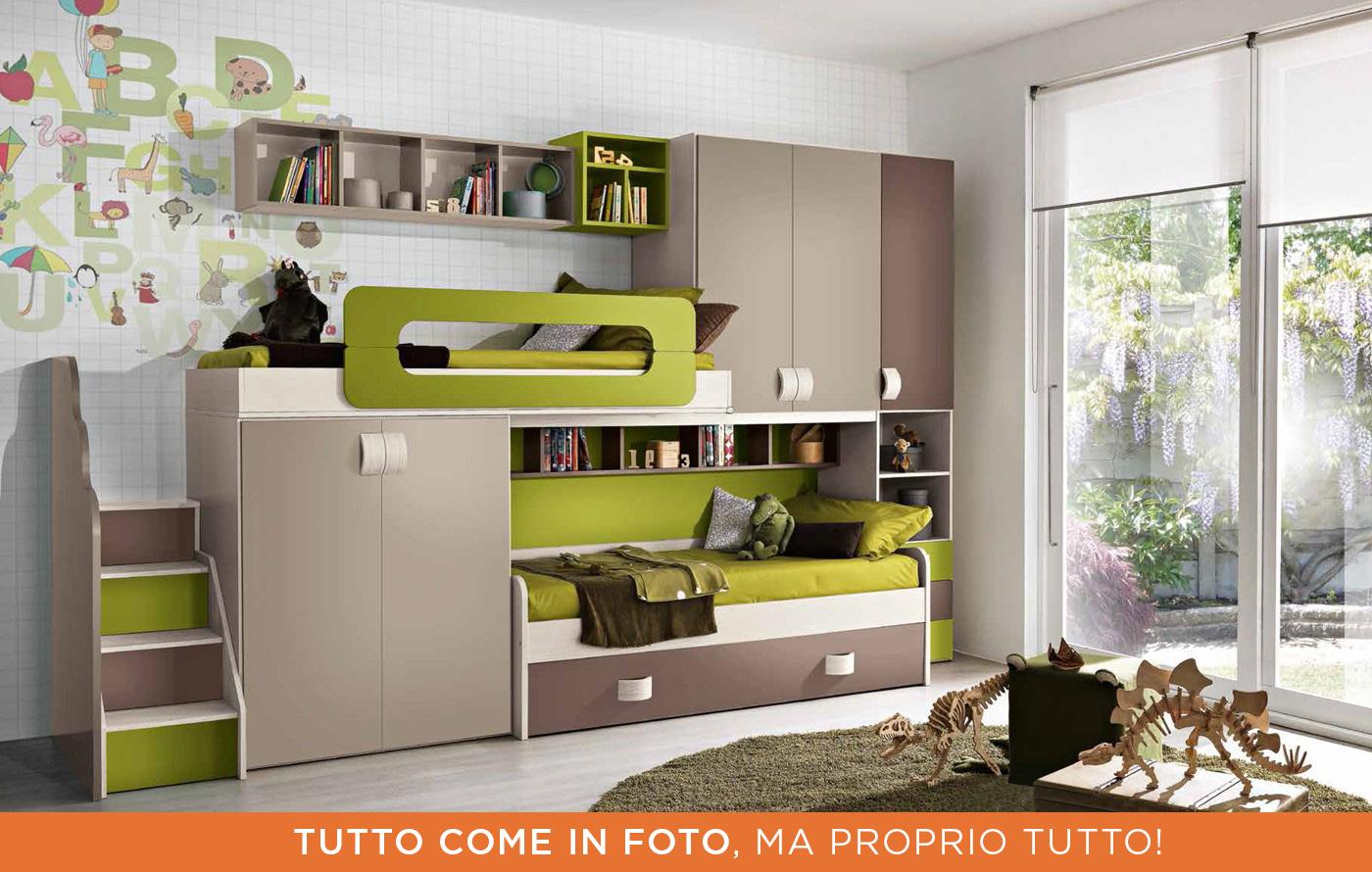 Soppalco per camerette Desirè, finitura, Betulla, Brown, Talco e Verde Acido