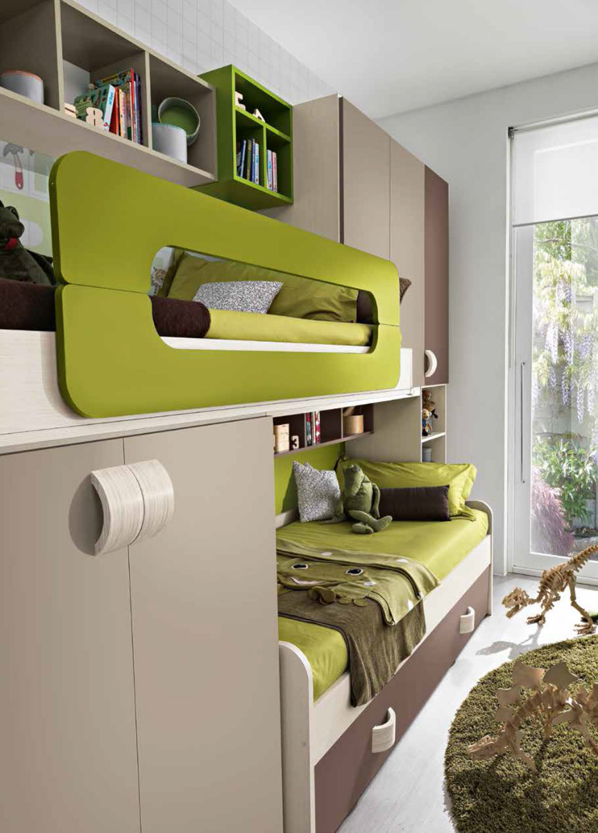Cameretta con soppalco Desire in  finitura in Betulla, Brown, Talco e Verde Acido