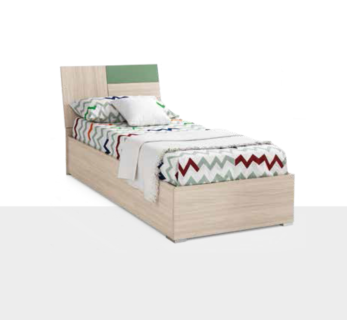 Letto singolo Alberto con contenitore, finitura Betulla e Turchese
