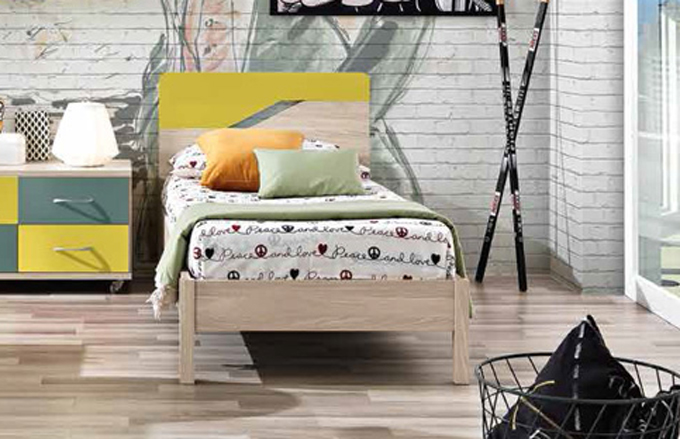 Letto singolo Federica per camerette per ragazzi, finitura Olmo e Senape