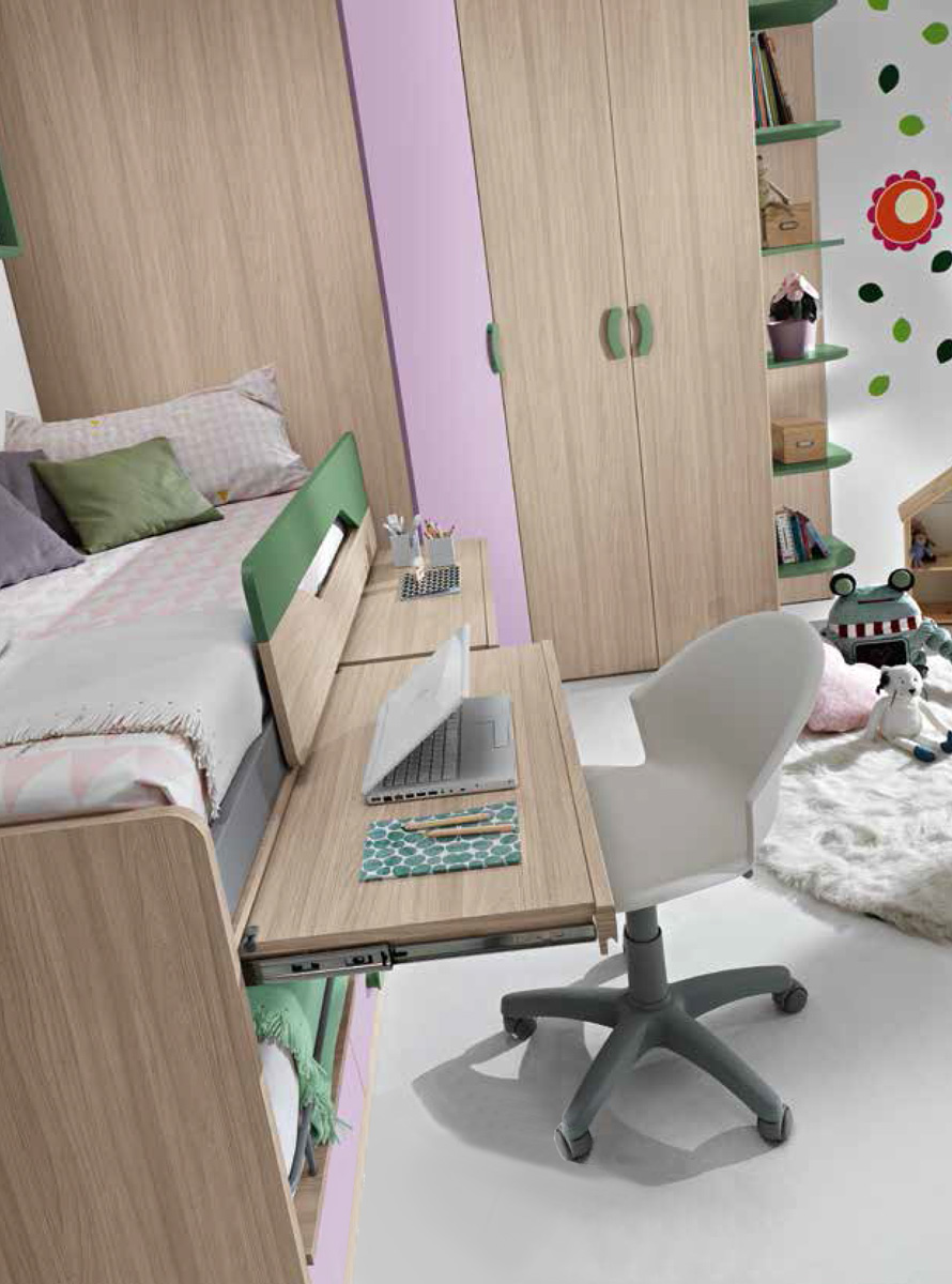 Letto con scrivania estraibile Fedro, finitura olmo, verde papua e lilla