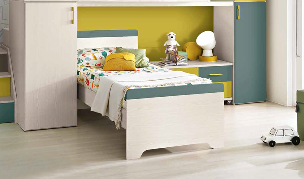 Letto singolo Simone per camerette per ragazzi, finitura Betulla e Petrolio