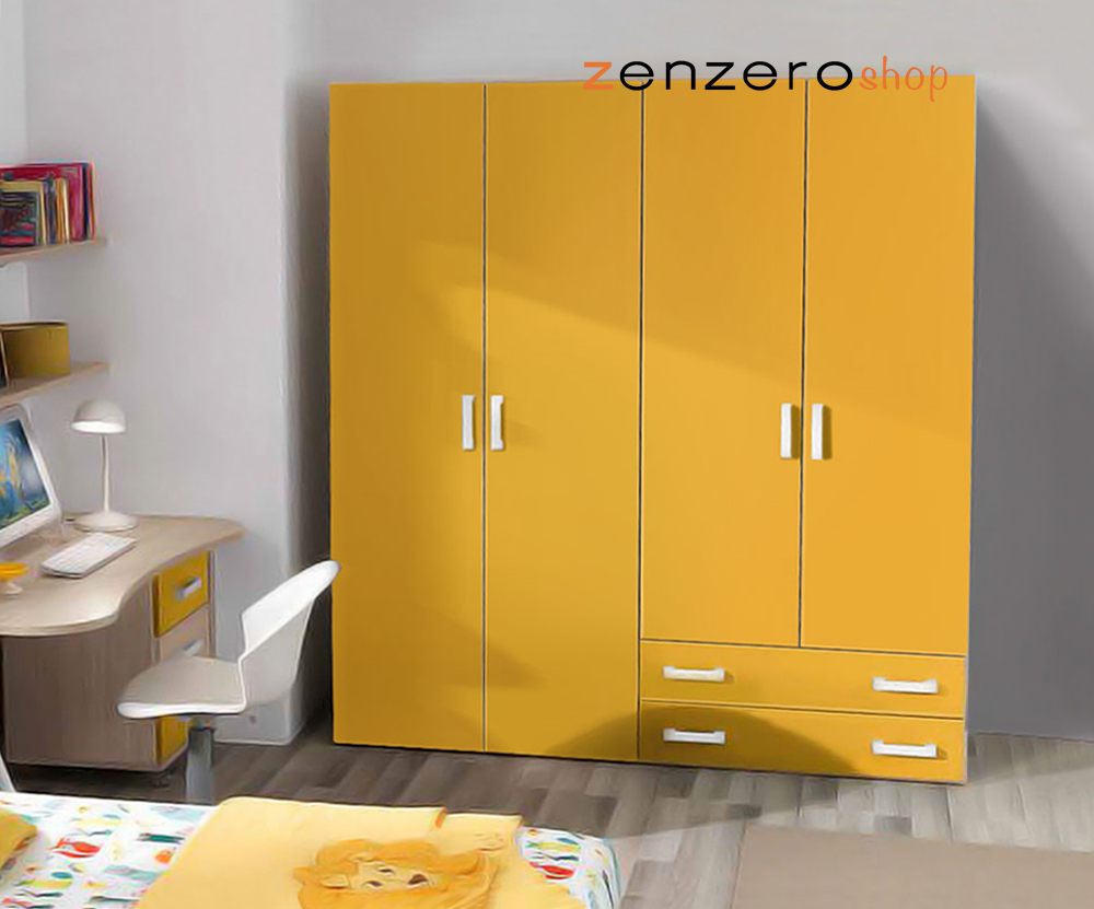 Armadio moderno Giallo e Olmo con 4 ante battenti 2 cassetti