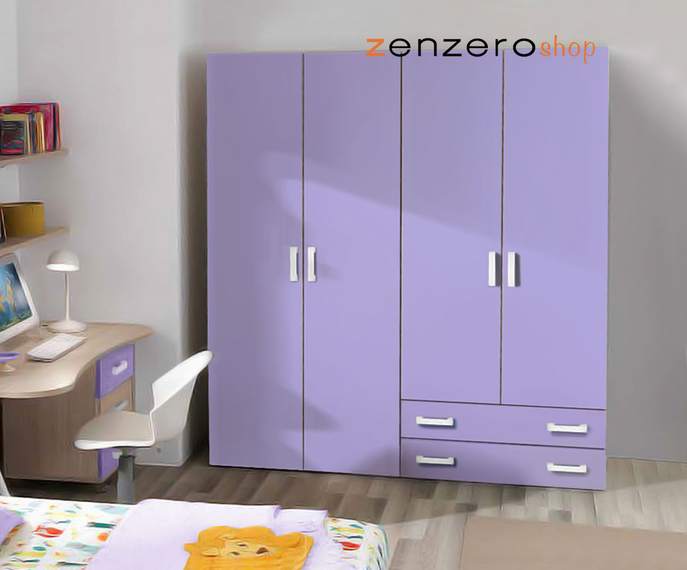 Armadio moderno Lilla e Olmo con 4 ante battenti 2 cassetti