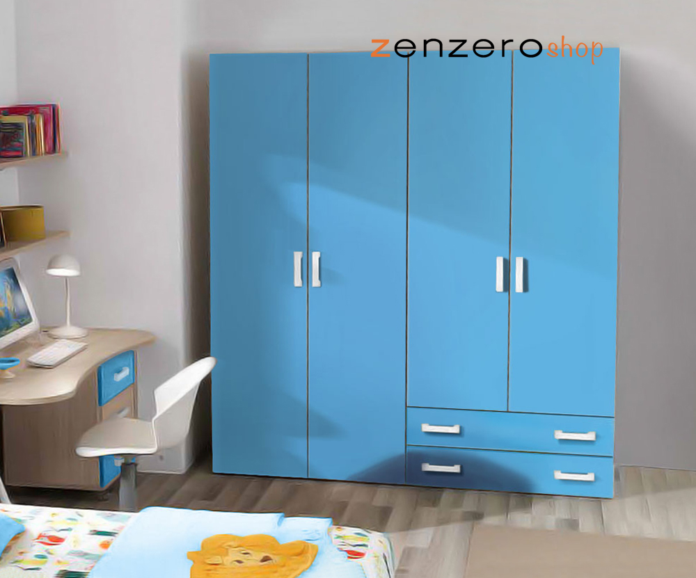 Armadio moderno Turchese e Olmo con 4 ante battenti 2 cassetti
