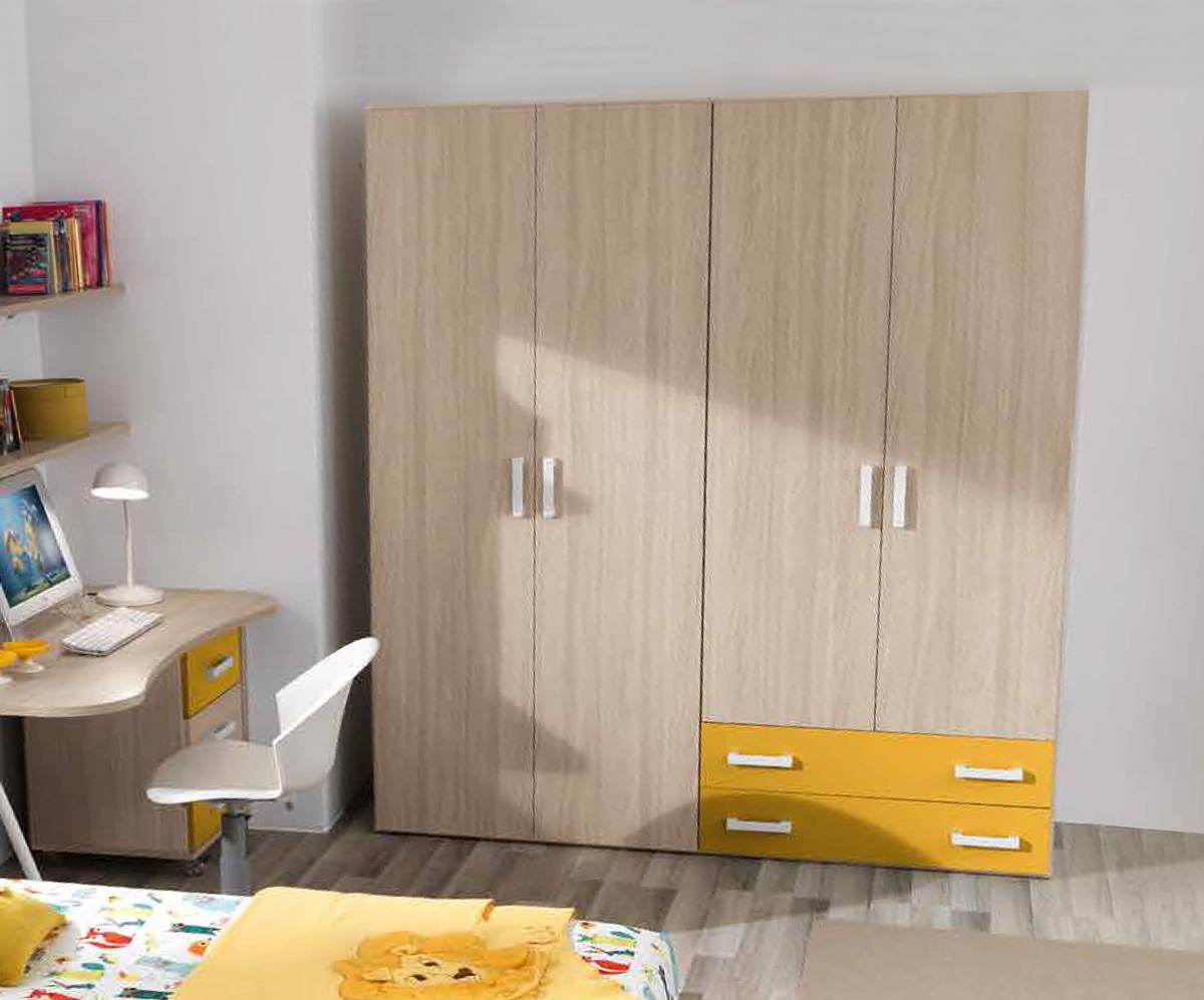 Armadio per camerette, 4 ante battenti 2 cassetti, olmo e giallo