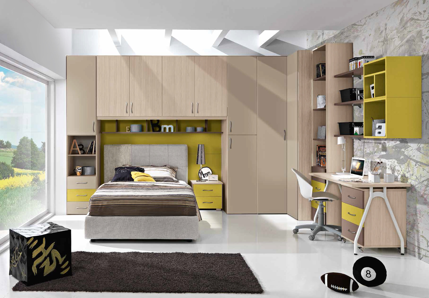 Ponte angolare per camerette per ragazzi, finitura olmo, talco e senape