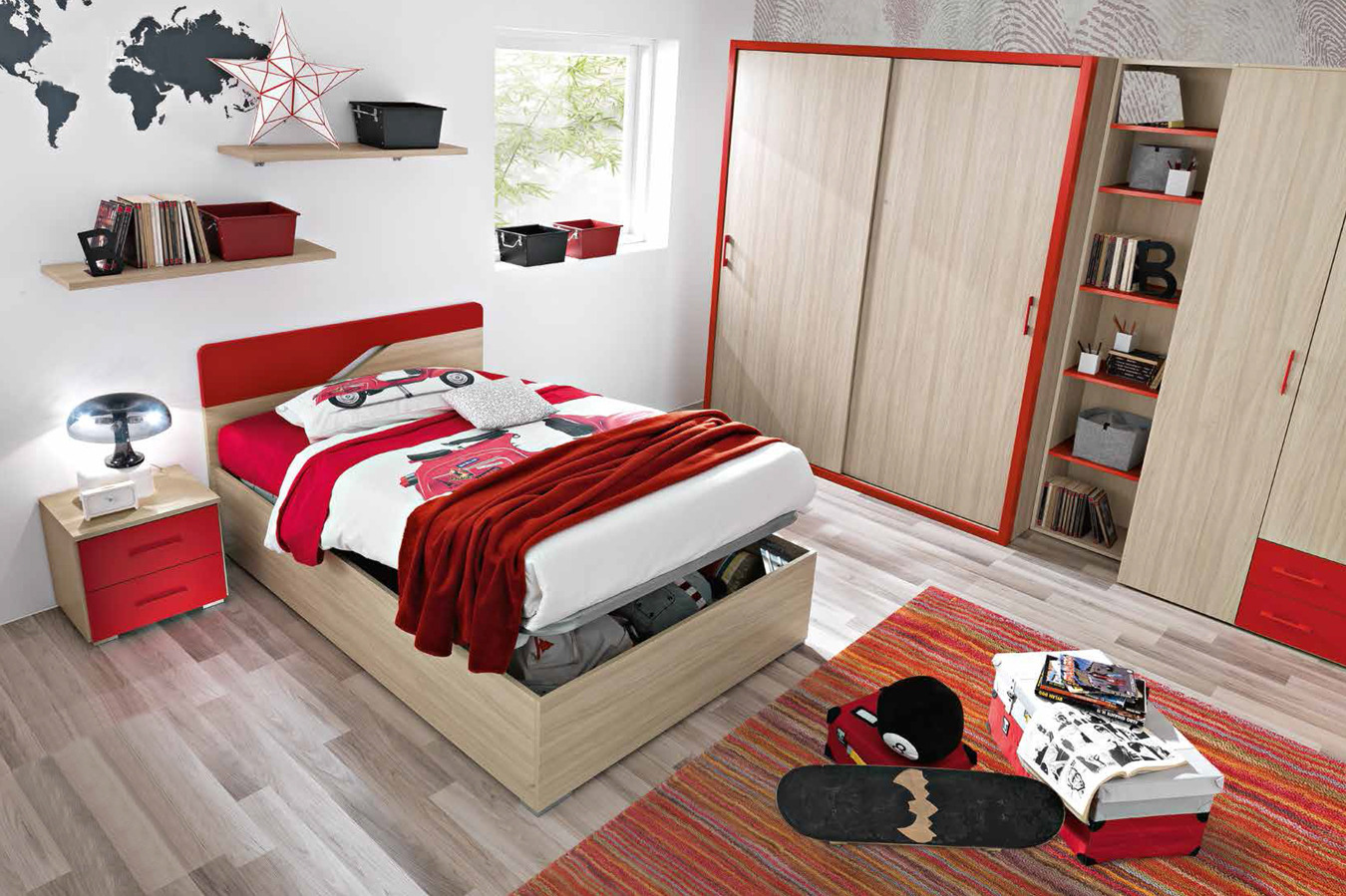 Cameretta moderna per ragazzi Ivan, finitura Olmo e Rosso