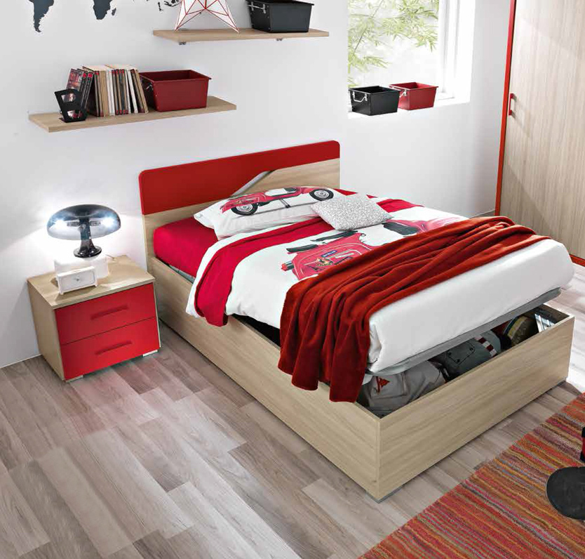 Cameretta moderna per ragazzi Ivan, finitura Olmo e Rosso
