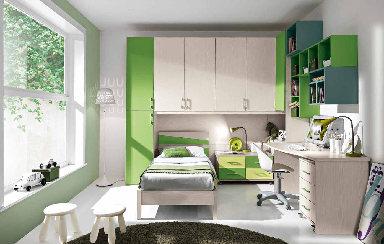 Cameretta a ponte Luisa, finitura Betulla, Verde prato e Verde Mela