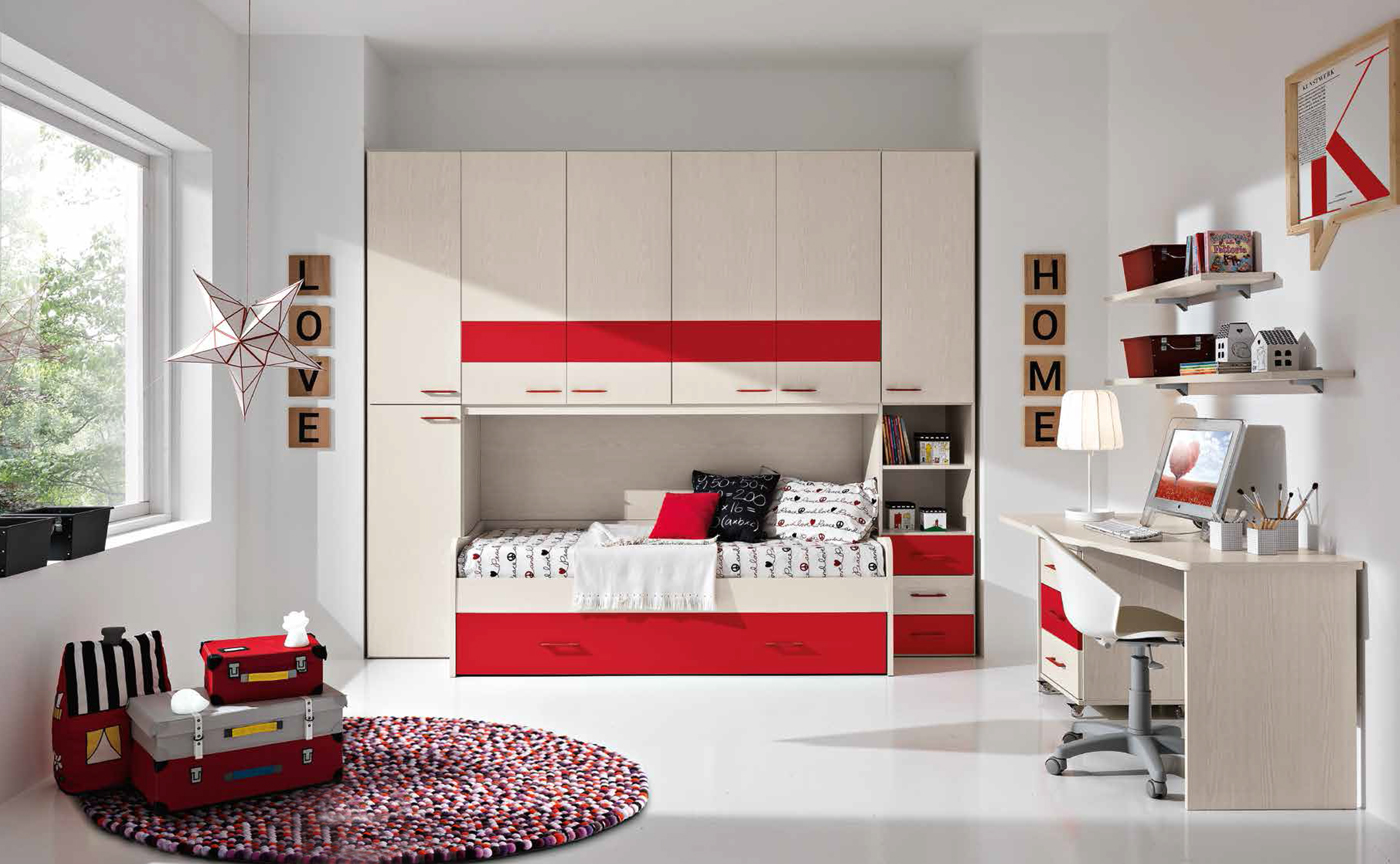 Armadio a ponte Francesca, moderno e di design, finitura Betulla e Rosso