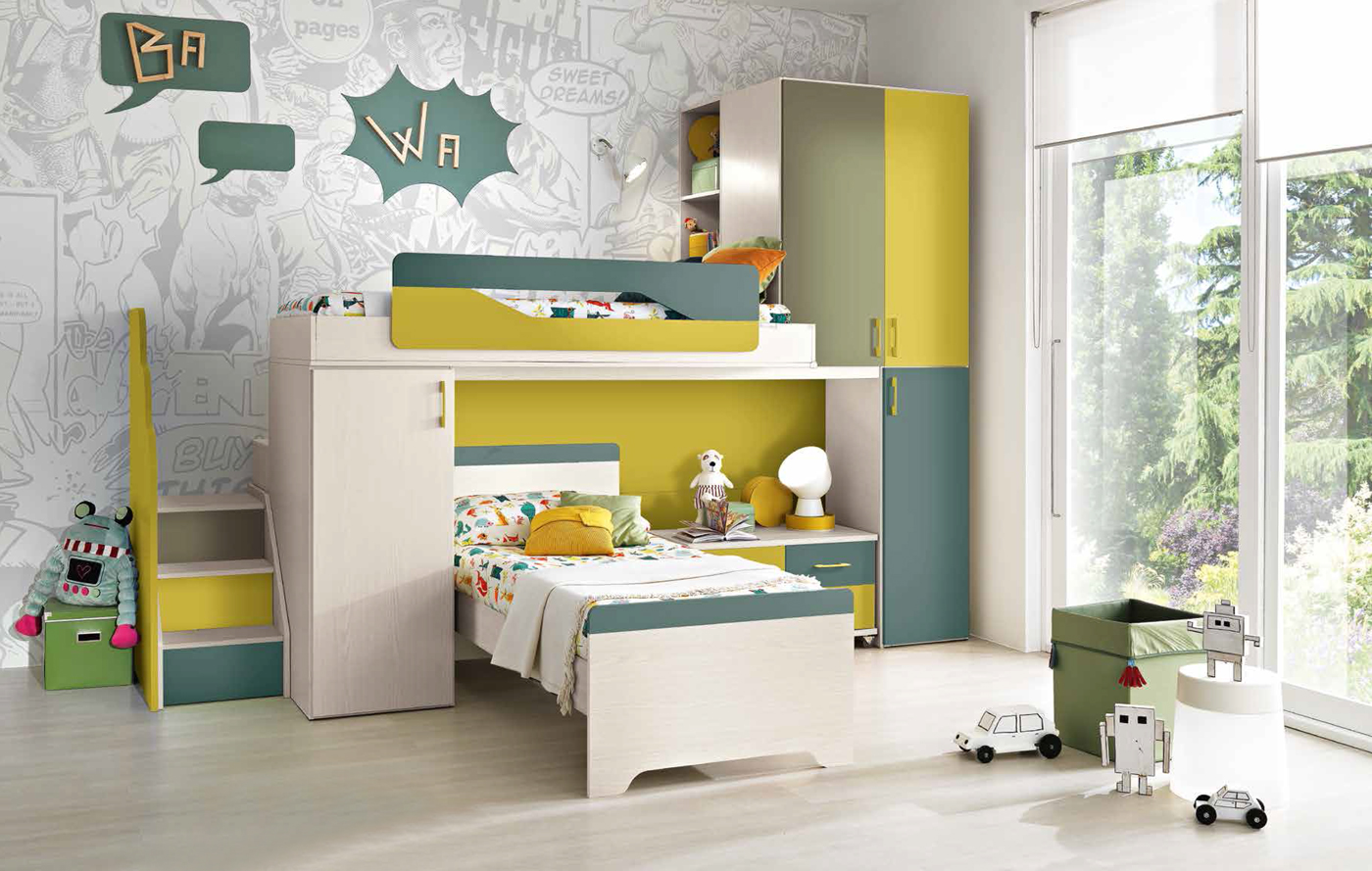 Letto singolo Simone per camerette per ragazzi, finitura Betulla e Petrolio