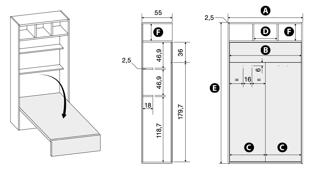 Letto verticale a scomparsa con vani a giorno L.120, Made in Italy