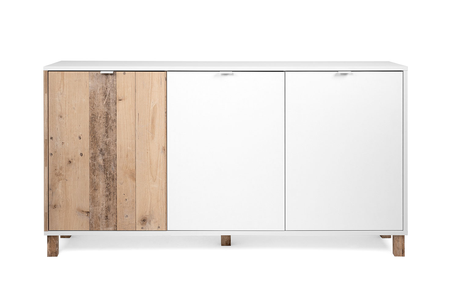 Soggiorno Kilsbo composto da un porta Tv, una madia e un tavolino in finitura Bianco opaco e Legno vecchio