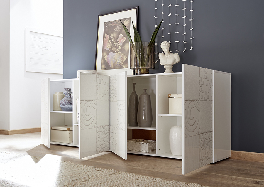 Madia 4 ante in bianco laccato lucido serigrafato