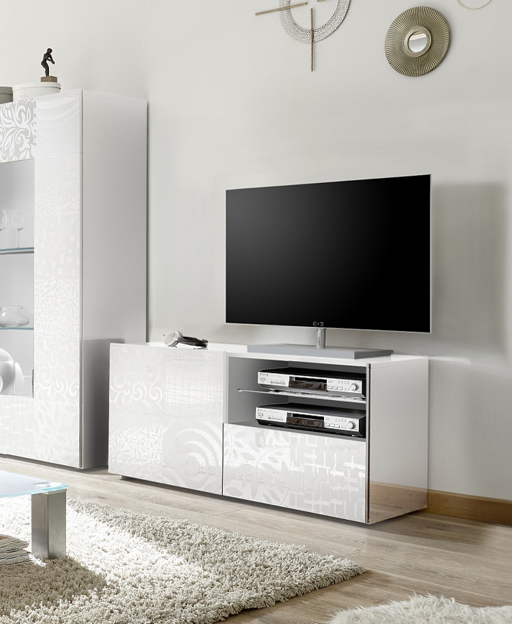 Base porta TV ad 1 anta, 1 cassetto bianco laccato lucido serigrafato