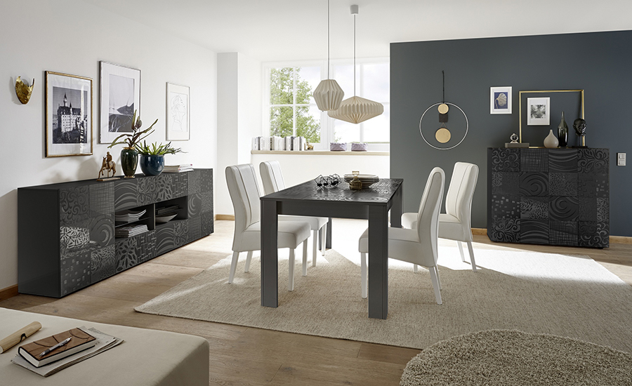 Sala completa di tavolo, 1 madia con 4 cassetti e 1 madia 2 ante, grigio serigrafato