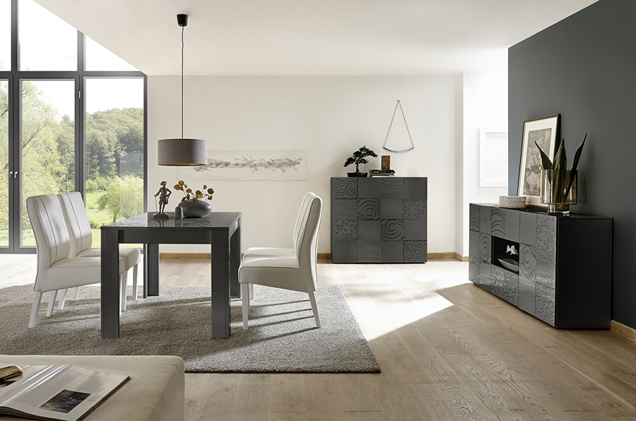 Sala completa di tavolo, 1 madia con 2 cassetti e 1 madia 2 ante, grigio serigrafato