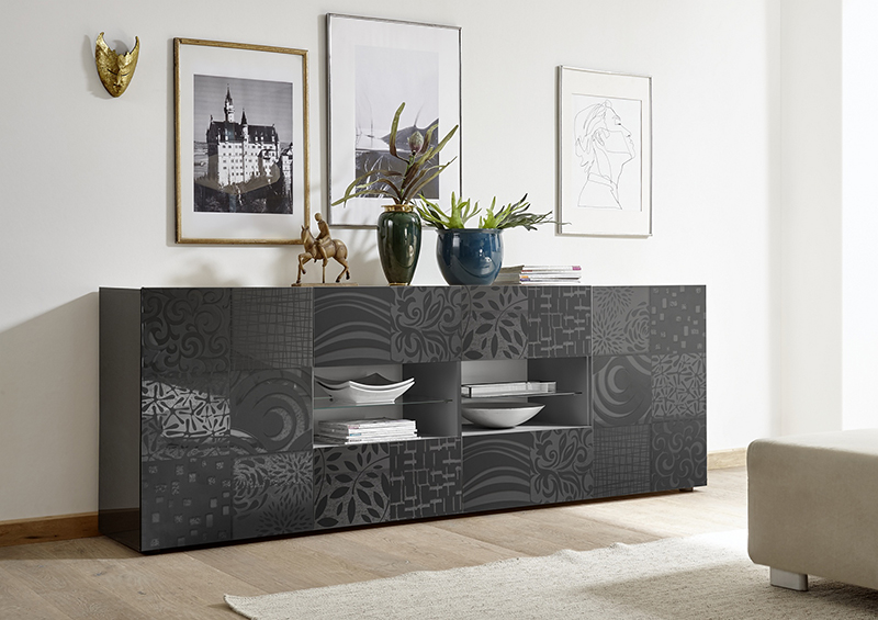 Sala completa di tavolo, 1 madia con 4 cassetti e 1 madia 2 ante, grigio serigrafato