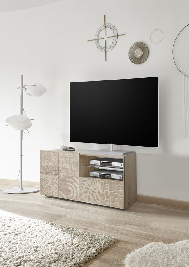 Base porta TV ad 1 anta, 1 cassetto rovere serigrafato