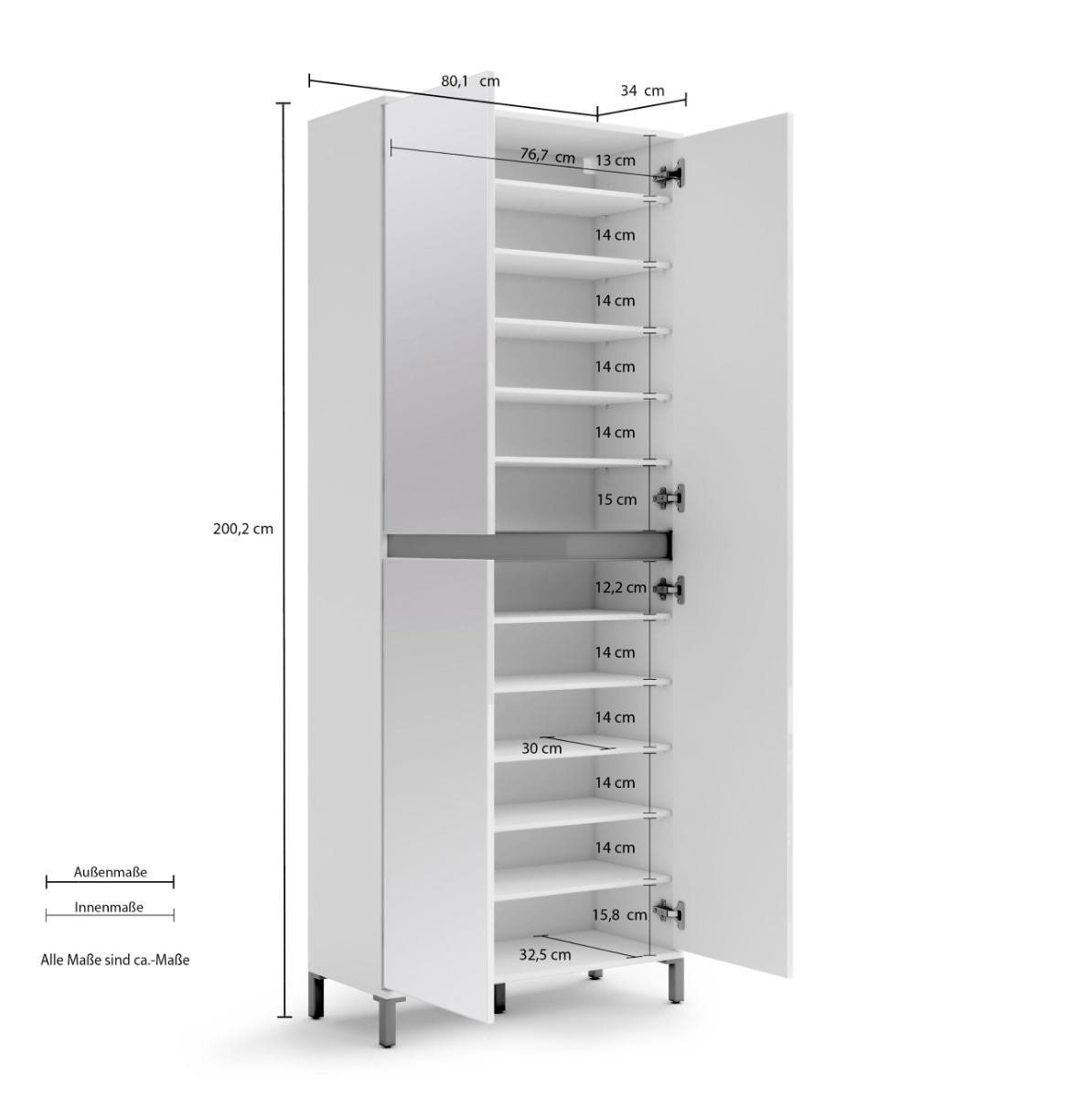 Moderna scarpiera con 3 ante e 10 ripiani Bianco lucido