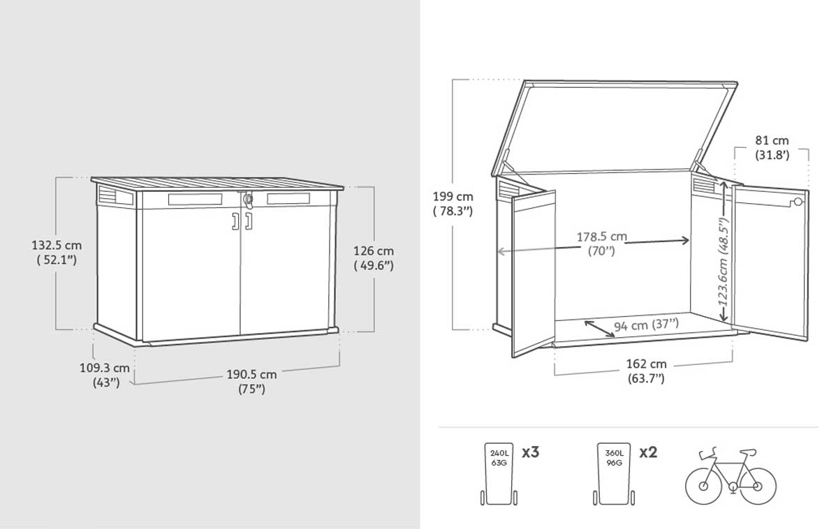 Baule da esterno Quercia, porta attrezzi per giardino, capacità 2020L