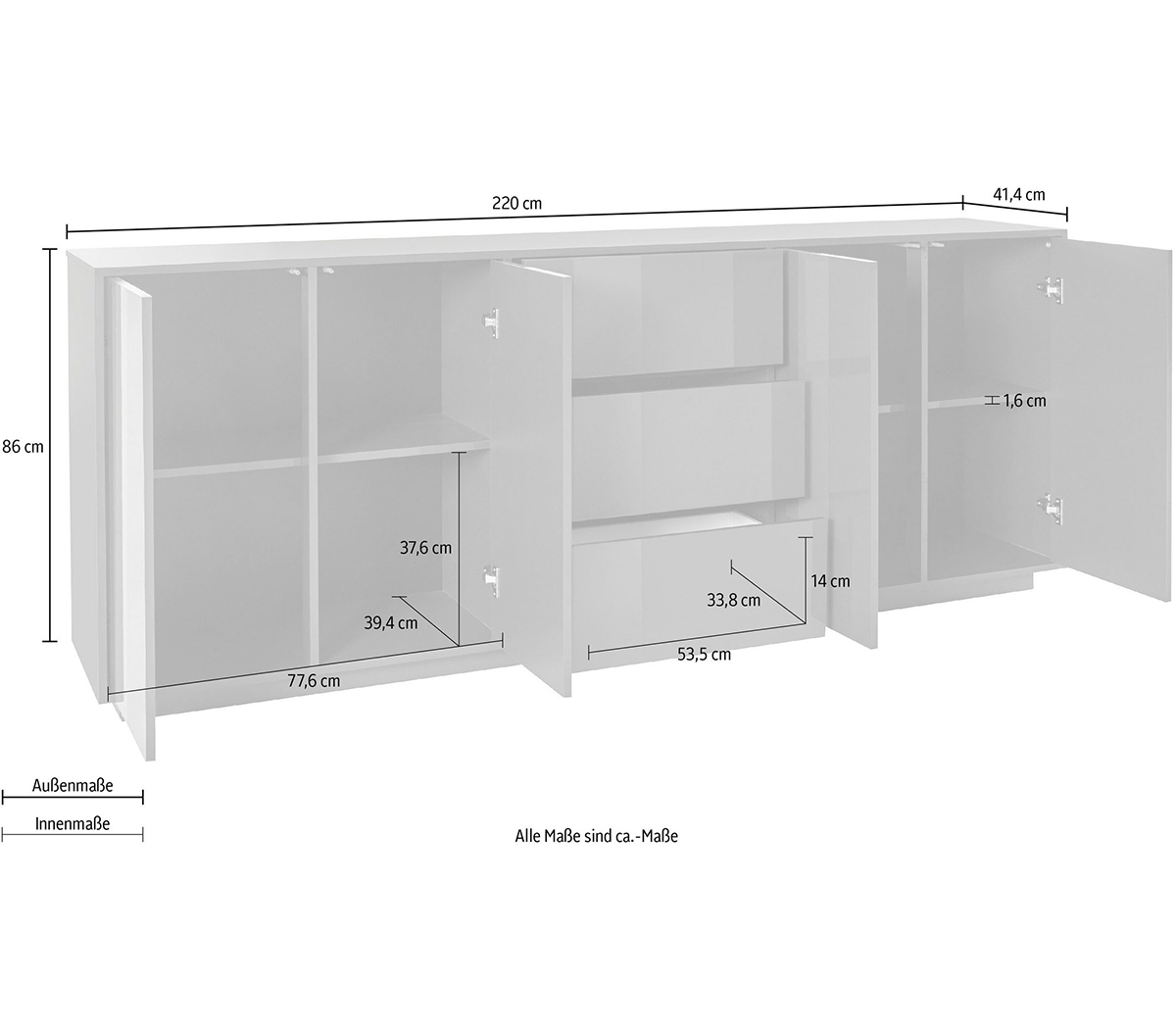 Madia in appoggio antracite laccata lucida con due ante e tre cassetti