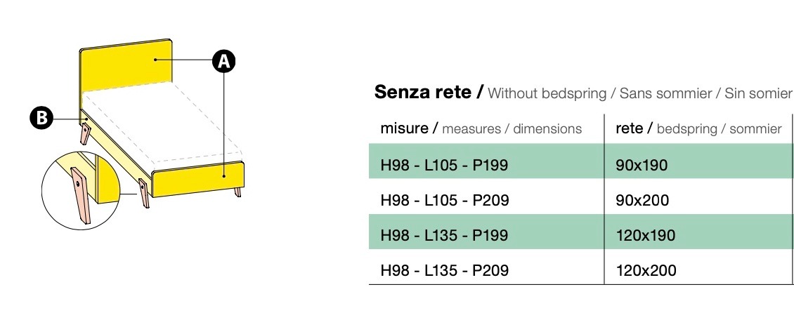 Letto 1 piazza e mezzo POP 03, finitura Carta da zucchero e Olmo Natura