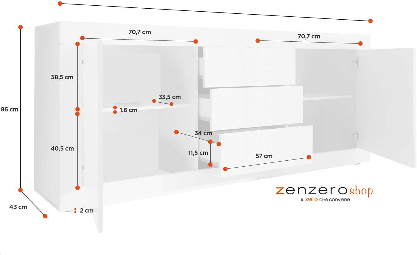 Credenza Moderna, Madia di Design, 2 ante e 3 cassetti, Bianco e Cemento