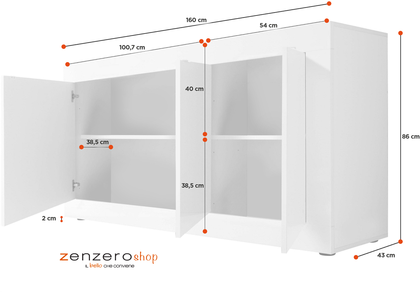 Credenza Moderna, Madia Bianca Lucida con 3 ante in finitura Cemento