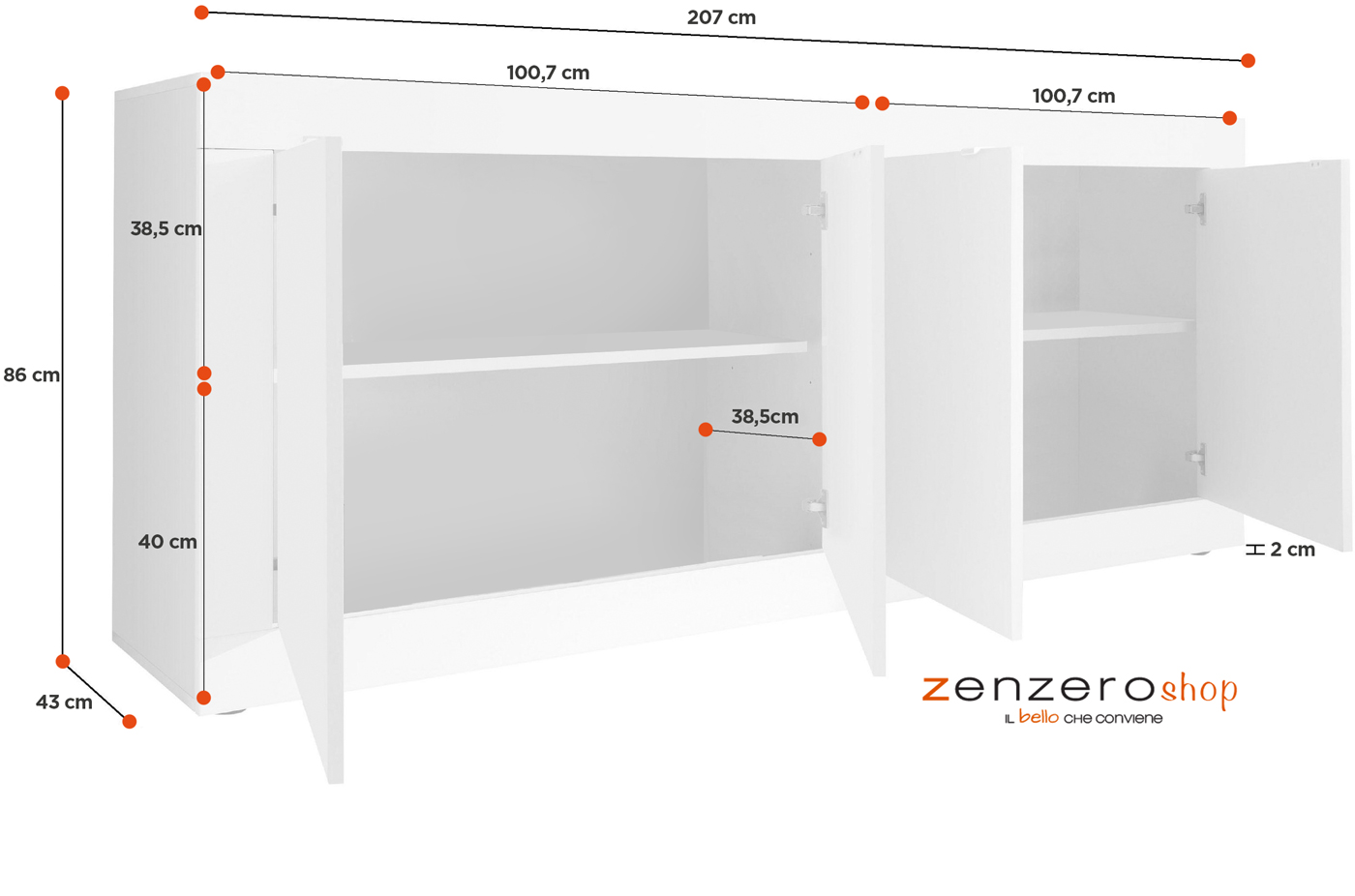 Credenza Moderna, Madia con 4 ante, colore nero e pero