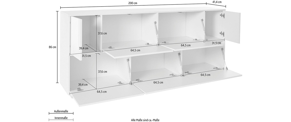 Madia di design con cinque ante a ribalta e due ante battenti, finitura laccato antracite lucido