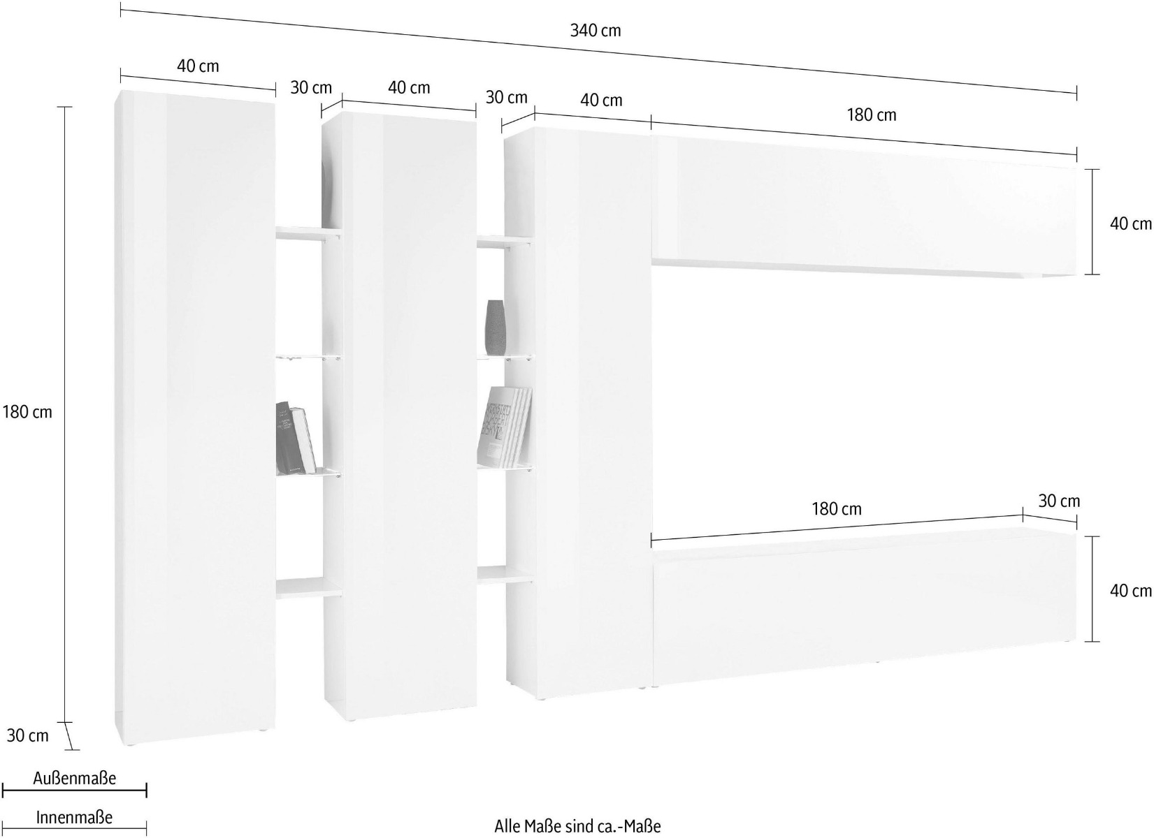 Conveniente Parete attrezzata L.340 cm, finitura Antracite lucido, Made in Italy