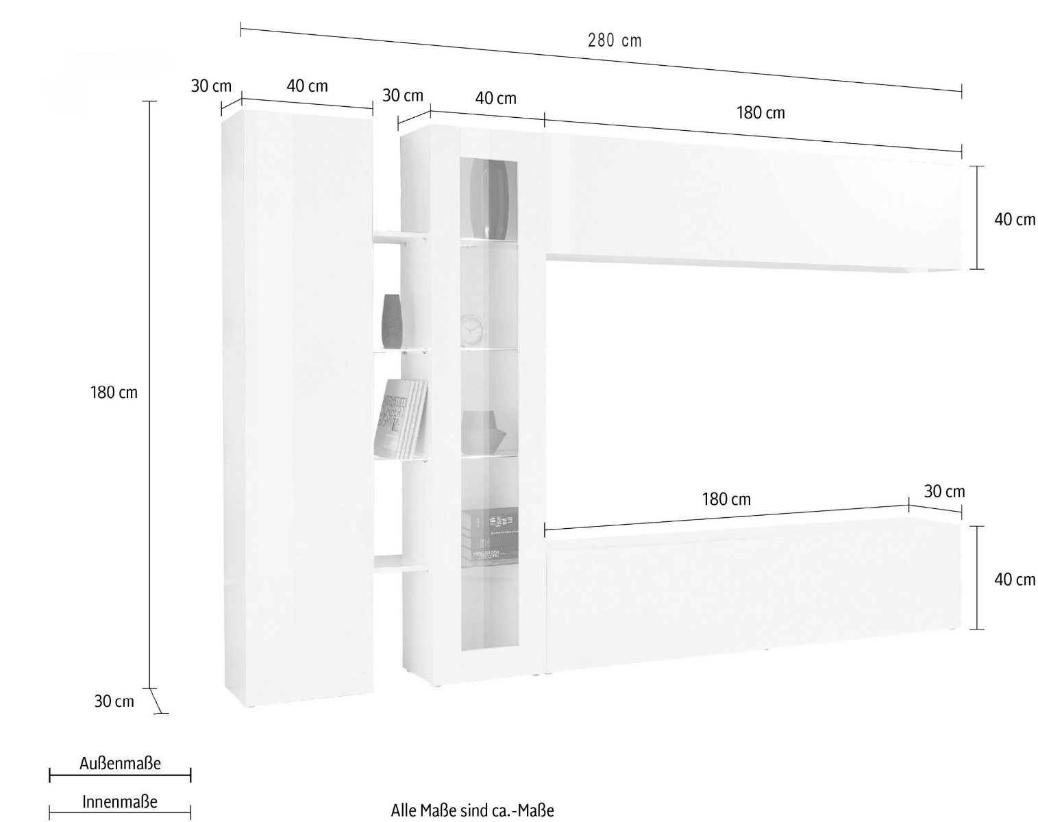 Elegante Parete attrezzata di design con vetrina L.280 cm, finitura Antracite lucido