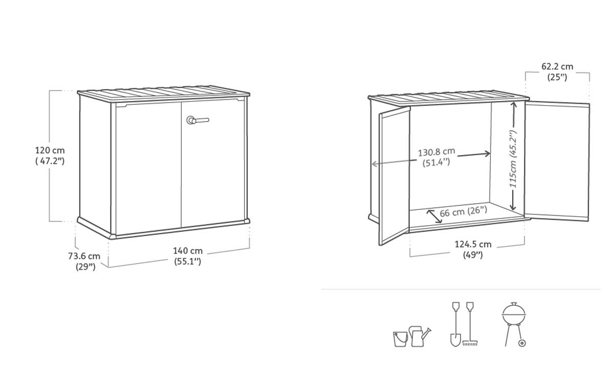 Baule da esterno Quercia, porta attrezzi per giardino, capacità 1000L