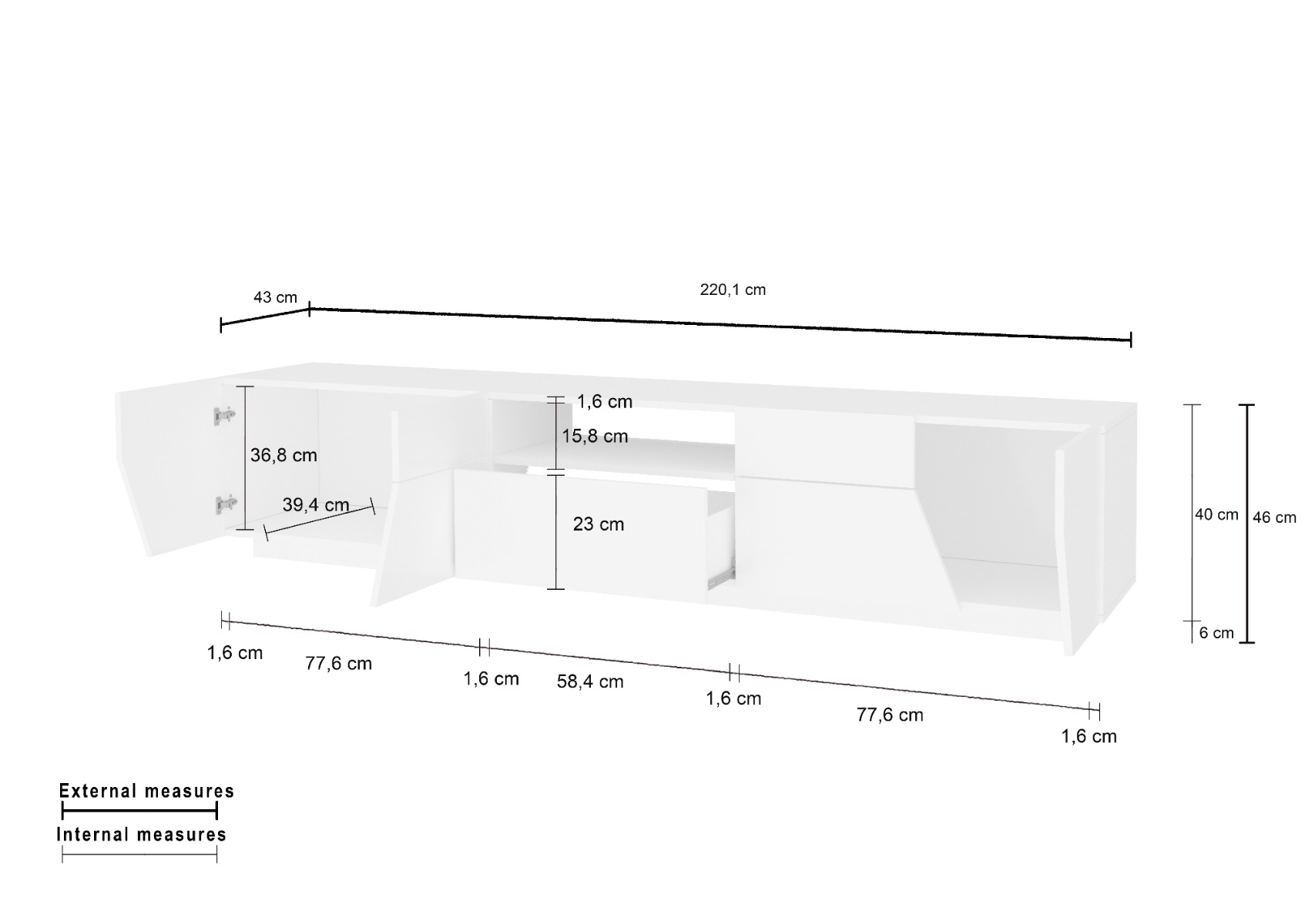 Mobile Porta TV con 4 ante e 1 cassetto in finitura Bianco laccato lucido 