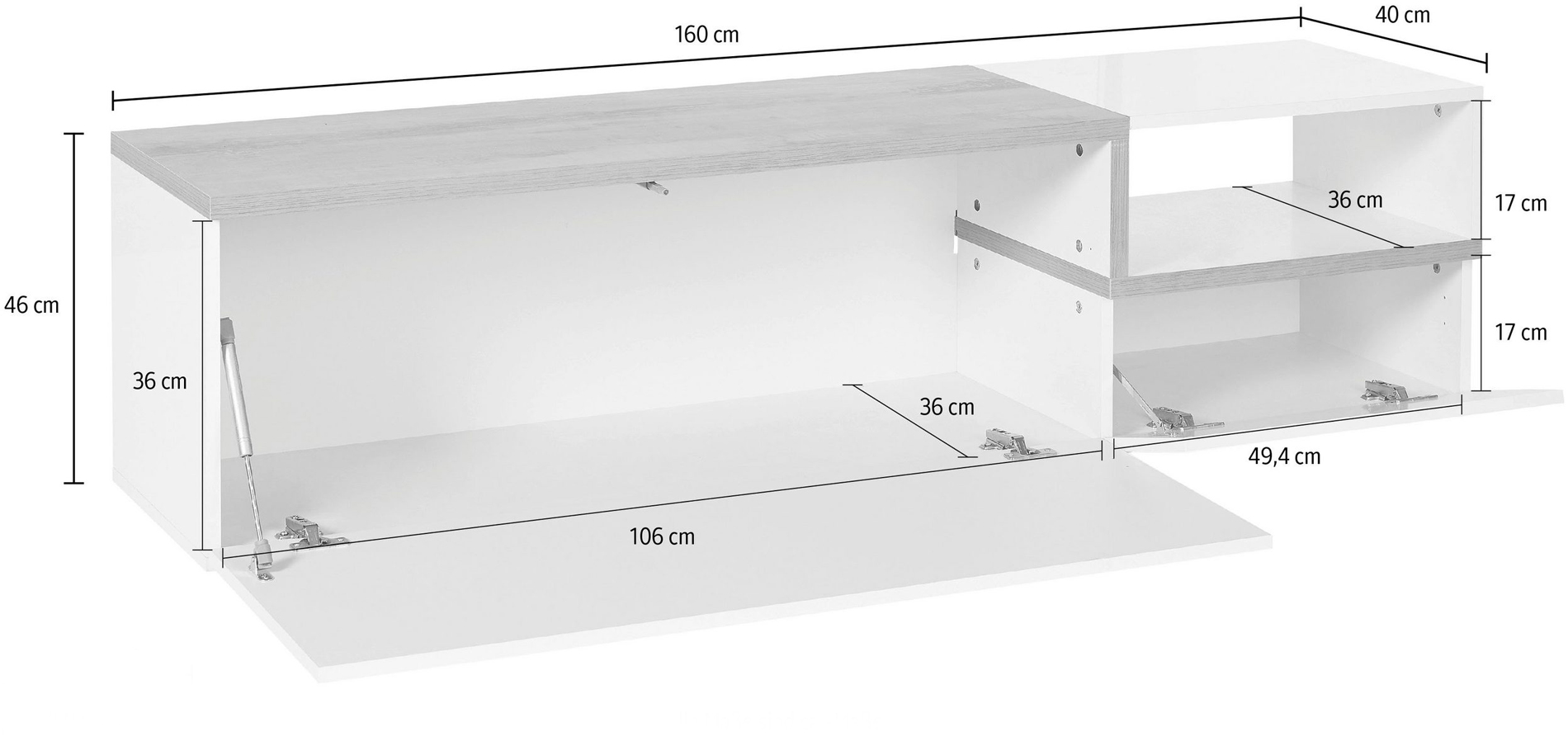 Mobile porta Tv con  2 ribalte e un vano in finitura Bianco lucido e Pero
