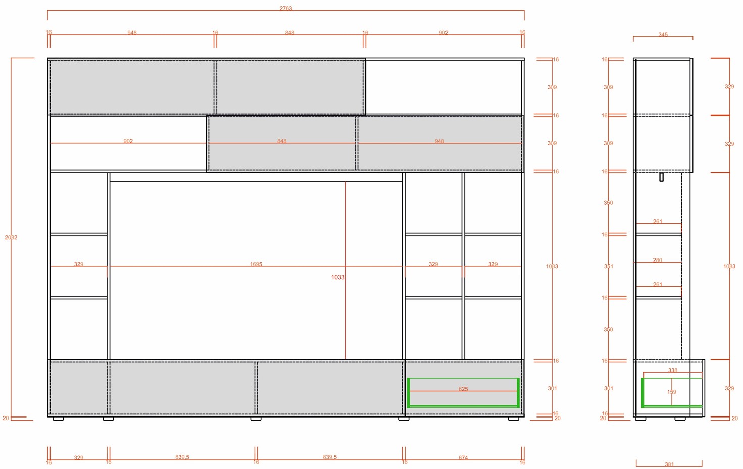 Soggiorno Zenzero, parete attrezzata moderna in finitura Ossido, Beton e Grigio