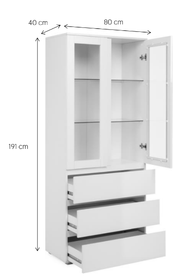 Vetrina moderna 3 cassetti, colore Bianco lucido