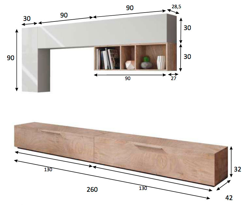 Soggiorno Zenzero, parete attrezzata moderna con  base porta TV e pensili, Bianco Artik e rovere Alaska