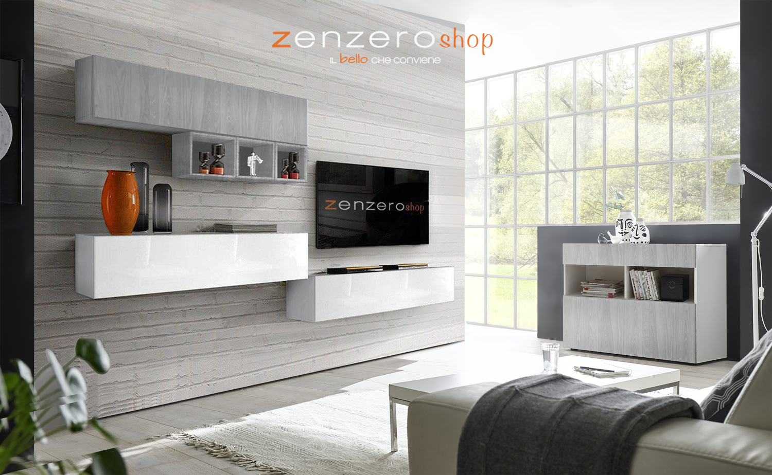 Sala moderna composta da parete attrezzata e madia, finitura Gesso, Artico e Bianco Lucido