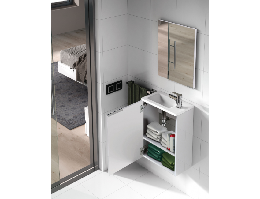 Composizione da bagno bianca lucida composta da lavabo e specchio di 40 cm 