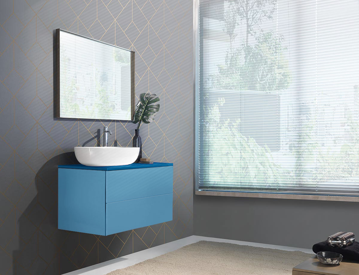 Mobile da bagno Blu pastello con due cassetti, sospeso